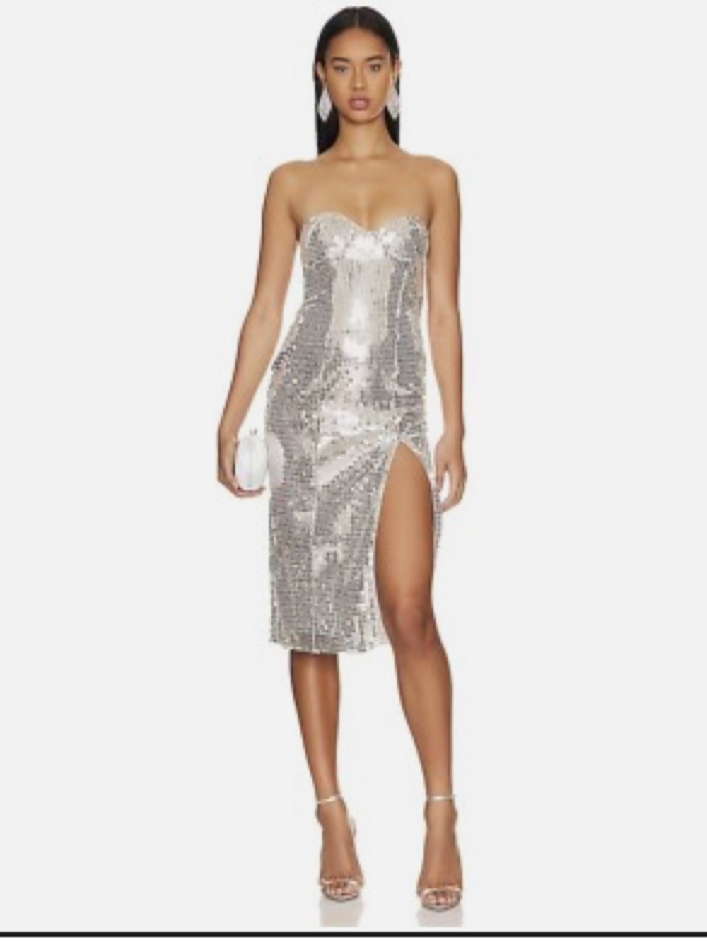 NWT MAJORELLE Silver Sequin Strapless Midi Dress with High Slit size XS